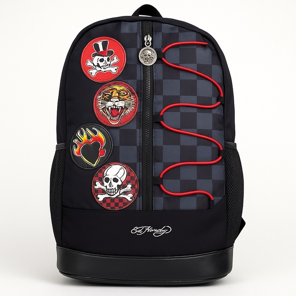 Ed Hardy Tattoo Patch Backpack Skull Tiger Flame Print Black Gray Checkered NWT - Picture 1 of 11